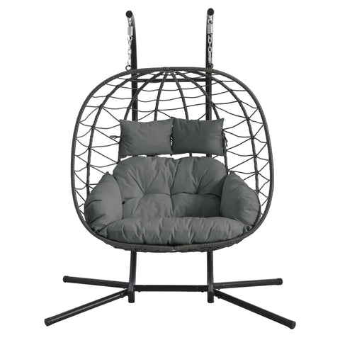 Front view of Double Egg Chair With Stand For Indoor And Outdoor Use, 2 Person Hanging Rattan Wicker Swing, Comfy Loveseat