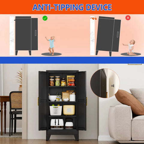 Tall 47.2 Inch Metal Garage Storage Cabinet With Door And Adjustable Shelves Black in home setting with open doors