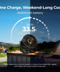 Rechargeable 20000mAh Portable Fan With 4 Speed Settings 9 Inch Blade shown in outdoor camping scene.