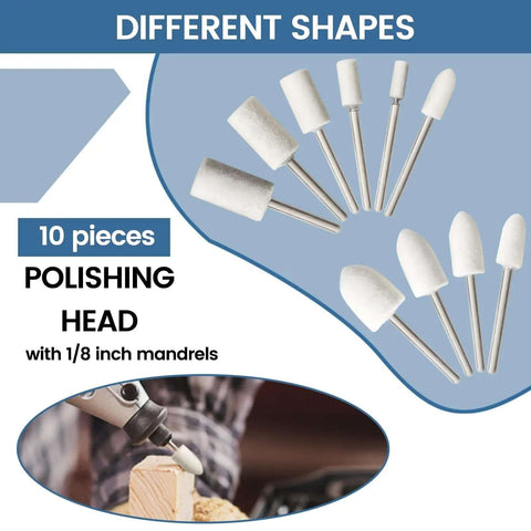 10-piece polishing head set with 1/8 inch mandrels from the Pro Grade Diamond Burr Set For Rotary Tool Grinding And Engraving, 36 Piece Diamond Mounted Bits For Stone Glass Tile Jewelry Etching Rock Masonry And Metal Carving, One Eighth Inch Shank Kit