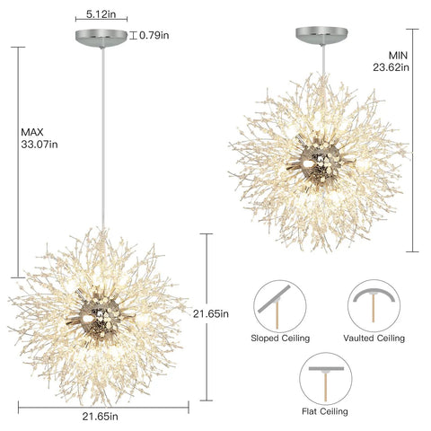 Dimensions of Crystal Sputnik Chandelier With Dandelion Firework Style, Dope 12 Light Modern Pendant Fixture with silver finish.