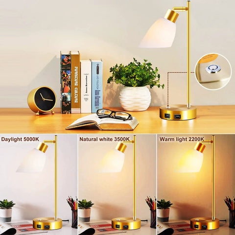 Gold Brass Industrial Table Lamp with Dual USB, dimmable touch control, shown in various light settings on desk.