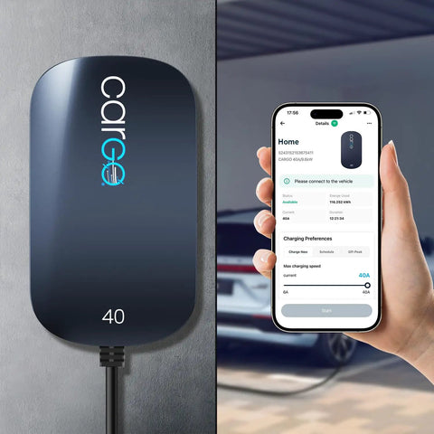 Level 2 EV Charger 40 Amp Fast Home Charging With Battery Health And Battery Life Monitoring, shown with smartphone app control