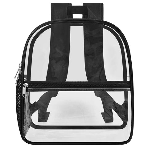 Stadium Approved Clear Backpack 12x6x12 Inch Waterproof See Through Bag For Concerts And Sports Events, front view with black straps.