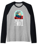 Road Trip Ready Raglan Baseball Tee Featuring Dope Tuk Tuk Rickshaw And Vintage Italian Scooter Graphics, gray and black long sleeve.