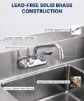 Lead-Free 4 Inch Wall Mount Commercial Sink Faucet with 6" Swivel Spout featuring durable ceramic cartridge.