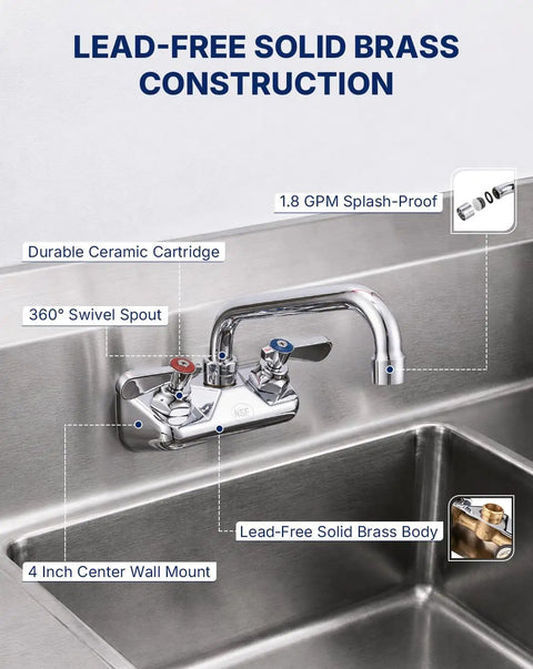 Lead-Free 4 Inch Wall Mount Commercial Sink Faucet with 6" Swivel Spout featuring durable ceramic cartridge.