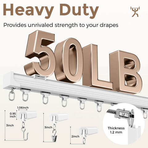 Heavy Duty Ceiling Curtain Track Kit With Quiet Glide Rollers 3 To 6 Ft White detailing strength and dimensions.