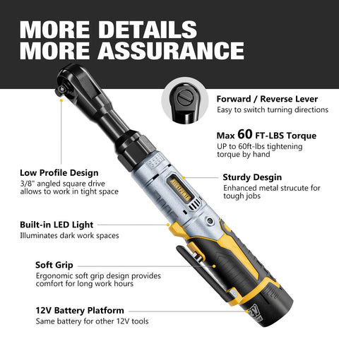 3/8 Inch Cordless Ratchet Wrench Set With 60 Ft Lbs Torque 12V Power Variable Speed LED Light 6 Sockets diagram
