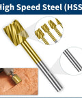 Close-up of Wood Carving Bits Set Titanium Coated HSS Rotary Burrs 20 Pcs with inset of burr in use on wood surface
