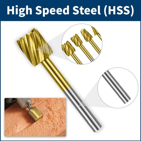Close-up of Wood Carving Bits Set Titanium Coated HSS Rotary Burrs 20 Pcs with inset of burr in use on wood surface