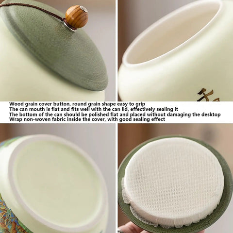 Top Shelf Ceramic Tea Tin With Woven Rattan Travel Case, Stunning Mountain Landscape Design, Go To Stash Jar For Loose Leaf Tea Or Specialty Coffee Beans In Slate Blue lid detail with wood grain button and sealing fabric
