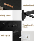 Close-up of shoe storage cabinet features: leather handle, sturdy frame, thick non-woven fabric, anti-tip kit.