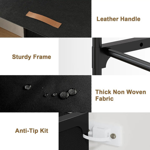 Close-up of shoe storage cabinet features: leather handle, sturdy frame, thick non-woven fabric, anti-tip kit.