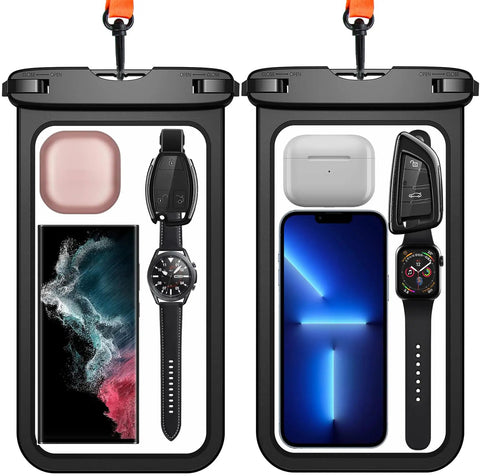 Two Pack Waterproof Phone Pouch Go To Up To 10 Inch Large Universal IPX8 Dry Bag With Lanyard fits gadgets including smartphones and keys