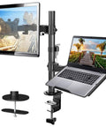 Adjustable Monitor Stand With One Arm Desk Mount For 32 Inch Monitor And 17 Inch Laptop, Heavy Duty Ergonomic Bracket That Holds Up To 22 Lbs Extends Up To 16 Inches, displaying a mounted monitor and laptop on a desk.
