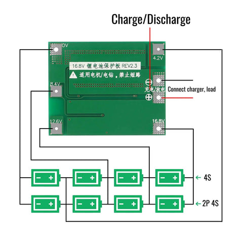 Heavy Duty 2 Pack 4S 40A 16.8V Lithium Battery BMS Protection Board schematic with charge and discharge connections.