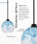 Blue Swirl Marble Art Glass Pendant Light With 12 Inch Shade, showing swirl pattern and brushed silver finish.