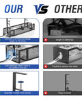 Comparison of Under Desk Cable Tray With No Drill Installation showing design, openings, and clamp differences between two products.