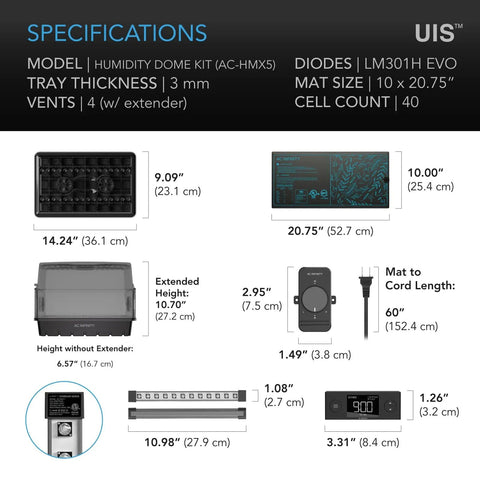 Specifications of Heavy Duty Humidity Dome Germination Kit With Full Spectrum LED Grow Light Bars Using Samsung LM301H EVO LEDs.