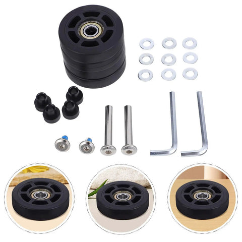 Universal Luggage Wheel Replacement Kit With Quiet Roll, Four Swivel Wheels, Easy Install For Travel Bags And Suitcases, Smooth 360 Degree Rotation, Durable Plastic Build For Everyday Travel; black wheel kit with screws and washers