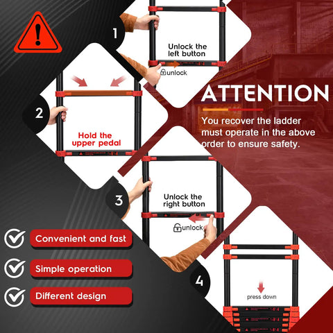 User instructions for collapsing a Telescoping Extension Ladder 12.5 Ft Red Aluminum Lightweight All Purpose Ladder With Dual Triangle Stabilizers For Rock Solid Stability And 330 Lbs Max Load Great For RV Camping Home Garage Outdoor Projects.