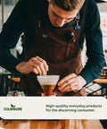 Man preparing coffee at a cafe, showcasing Culinware products with focus on quality and detail.