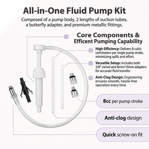 Heavy Duty Transmission Fluid Pump Kit With 3/8 Swivel And Dual Adapters For Quick Oil Changes, components layout with adapters and suction tubes.
