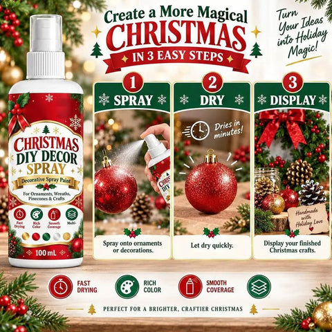 Christmas DIY Decor Spray Paint, Black Holiday Craft Mist for Ornaments on spray bottle with red ornament background.