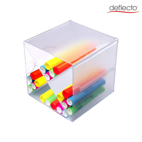 Stackable Cube Organizer With X Divider In Clear Plastic holding colorful pens, showing modular storage with linking clips.
