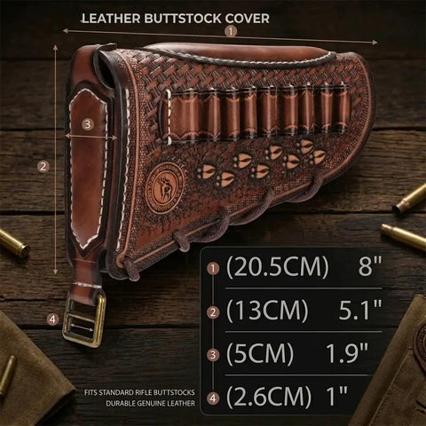 Vintage Leather No Drill Cheek Rest For Rifles And Shotguns With Buttstock Protective Pouch, cartridge holder in focus.