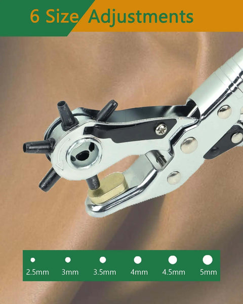 10 Inch Hole Punch Pliers For Leather And Watchbands, Double Lever Design Delivers Thirty Percent Labor Saving, Six Size Adjustments From 2.5 To 5 Mm, Chrome Plated Heavy Duty Belt Rubber Paper Punch Tool
