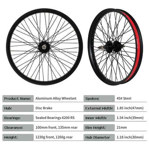 Heavy Duty 20 Inch Bike Wheel Set Front And Rear With 1.85 Inch Wide Double Wall Aluminum Rims, 12 Gauge 48 Spokes