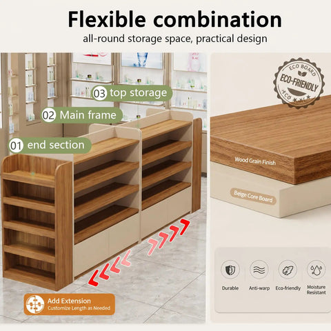 Heavy Duty Double Sided Gondola Shelving With Storage Cabinet Built Tough For Retail Shops And Boutiques Two Tone Commercial Rack Shop Ready Real Deal Display System