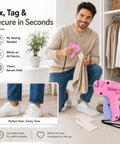 Handheld Stitch Gun For Clothes Featuring No Sew Hemming And Tagging With Six Strong Needles And Two Thousand Micro Fasteners in pink.