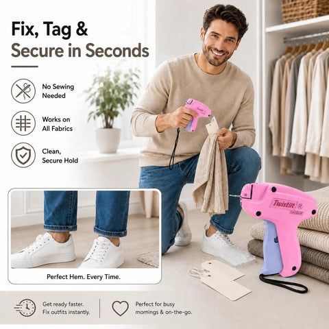 Handheld Stitch Gun For Clothes Featuring No Sew Hemming And Tagging With Six Strong Needles And Two Thousand Micro Fasteners in pink.