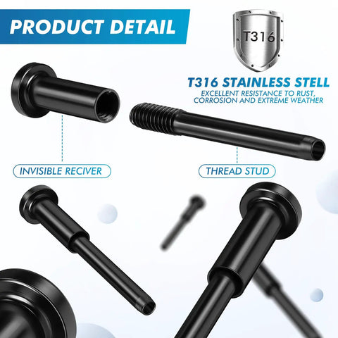 Product details of 60 Pack Invisible Cable Railing Kit With T316 Stainless One Eighth Inch Receiver And Swage Stud Ends, durable black hardware for decks.