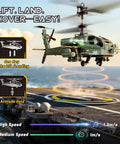 RC Helicopter For Beginners With Altitude Hold Gyro Stabilization And LED Lights shown hovering over a landing pad.