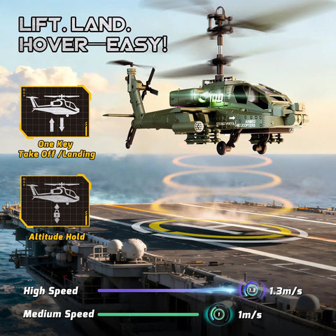 RC Helicopter For Beginners With Altitude Hold Gyro Stabilization And LED Lights shown hovering over a landing pad.