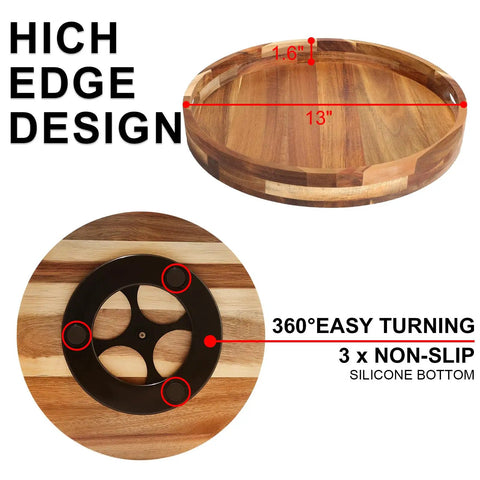 12 Inch Acacia Wood Lazy Susan Turntable With Double Handle, Big Spice Organizer showing high edge design and 360 degree spin details.