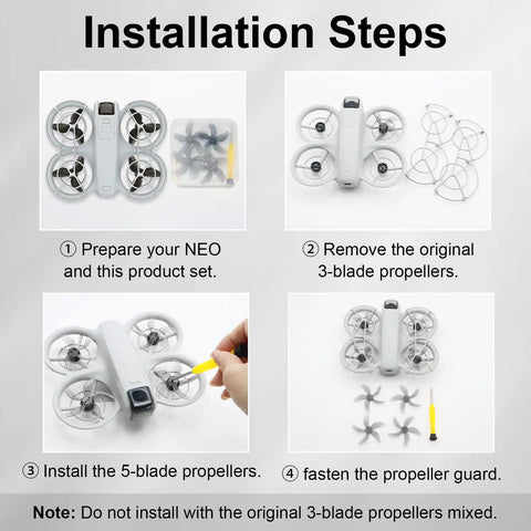 Installation steps for Neo 2 Colorful Drone Propellers Quiet Low Noise Replacement Set in Crystal Gray Finish