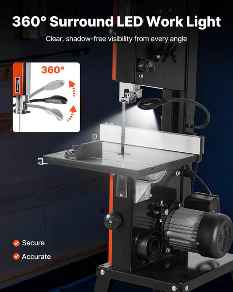 Two Speed 10 Inch Benchtop Band Saw With Stand For Woodworking, 373W 1/2 HP, featuring 360 Degree Work Light, side view