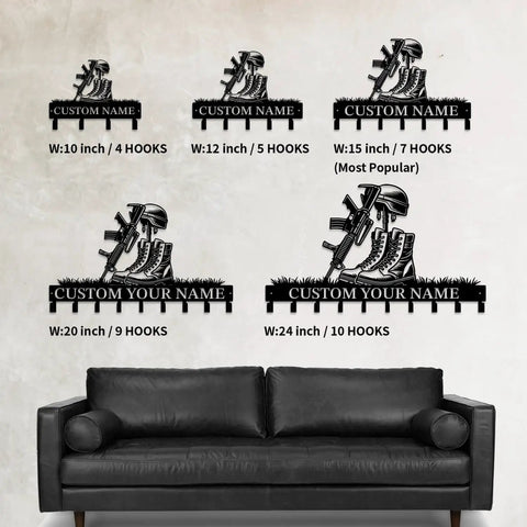 Personalized Gun Theme Wall Hooks For Keys And Clothes, Heavy Duty Matte Black Cast Iron, five sizes displayed above sofa