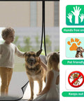 Garage Door Screen For 2 Car Garage With Magnetic Closure And Heavy Duty Weighted Bottom Self Sealing Fiberglass Mesh Retractable Net in use with dogs and children.