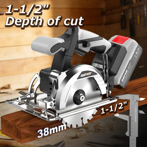 20V Cordless Circular Saw Featuring Brushless Motor And 5 Inch Compact Build Includes 4 Amp Hour Battery And Fast Charger for 1-1/2 inch depth cutting.