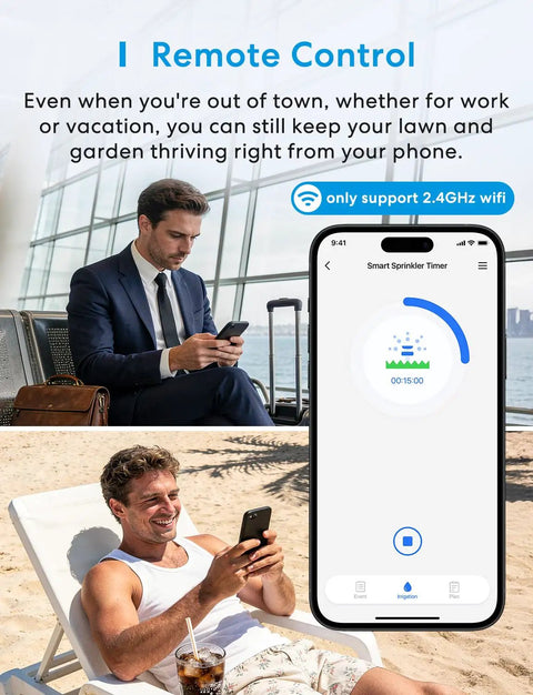 Image showing remote control of Smart WiFi Hose Timer For Garden Irrigation With Brass Inlet And Outlet, works with HomeKit, Alexa, and Google Assistant.