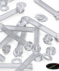 Kickass Clear Acrylic Hex Bolt Fastener Kit Paired With Nuts And Washers M8 X 60mm Knockout Transparent Hardware Pack showcasing clear rods, nuts, and washers.
