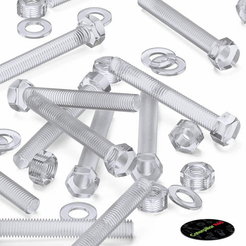 Kickass Clear Acrylic Hex Bolt Fastener Kit Paired With Nuts And Washers M8 X 60mm Knockout Transparent Hardware Pack showcasing clear rods, nuts, and washers.