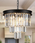 Modern Sleek 3 Tier Black Crystal Chandelier Pendant Light With Dimmable LEDs Flush Mount Ceiling Fixture in living room