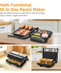 Aigostar Silver 1000W Panini Press Grill With Ceramic Nonstick Plates For Even Cooking bacon, burgers, chicken steaks, and reheating personal pizza, compact size with grill top.